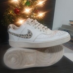 Nike White Sneakers with Leopard Print Swoosh